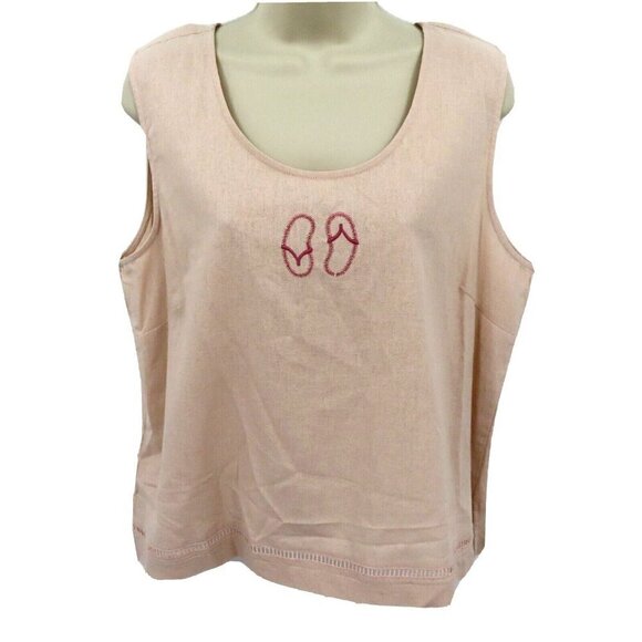 AKC Women Large Petite LP Pink Embroidered Flip Flops Linen Blend Tank Top Shirt - Picture 9 of 9